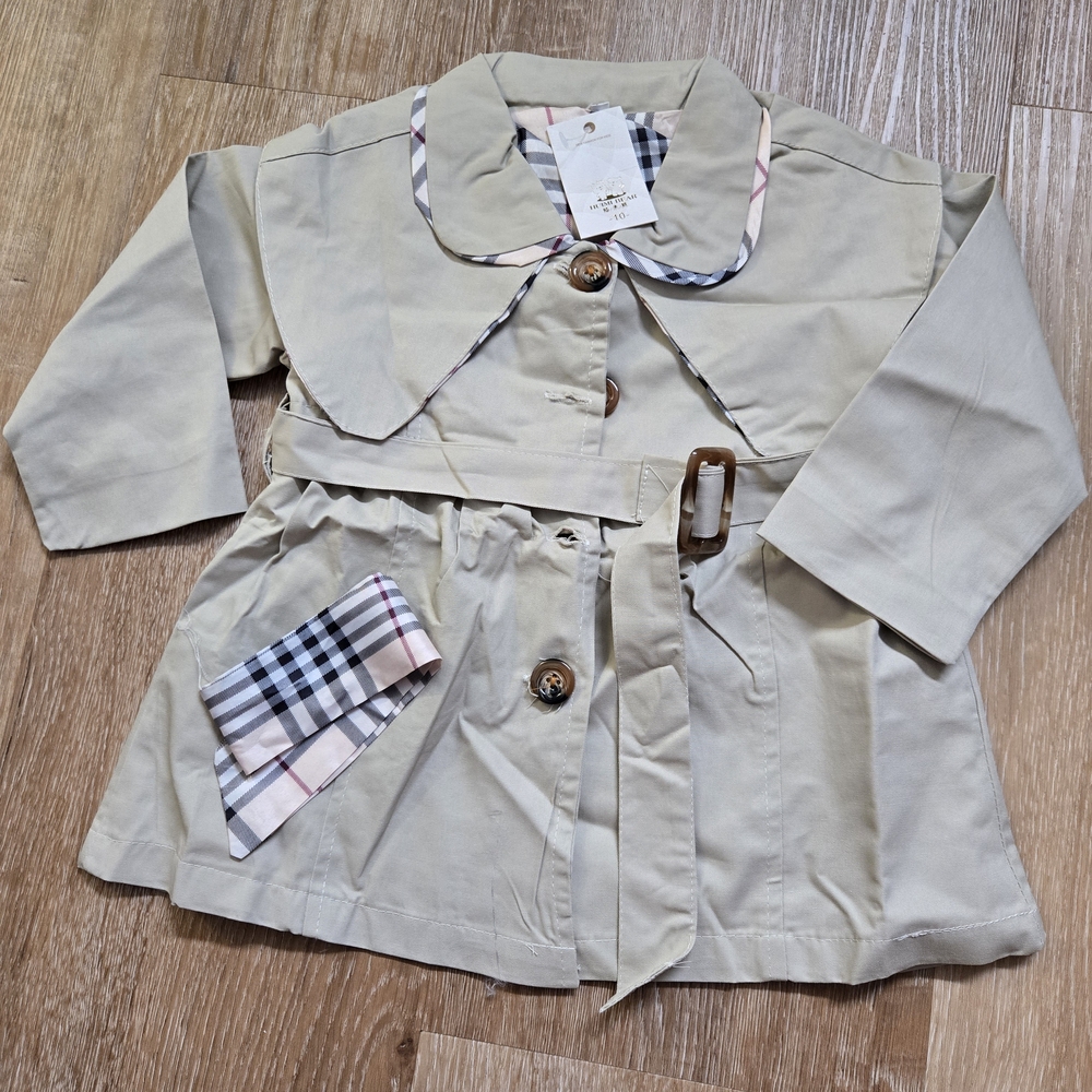 Girl 2T Beige Trench Coat with Plaid Accents